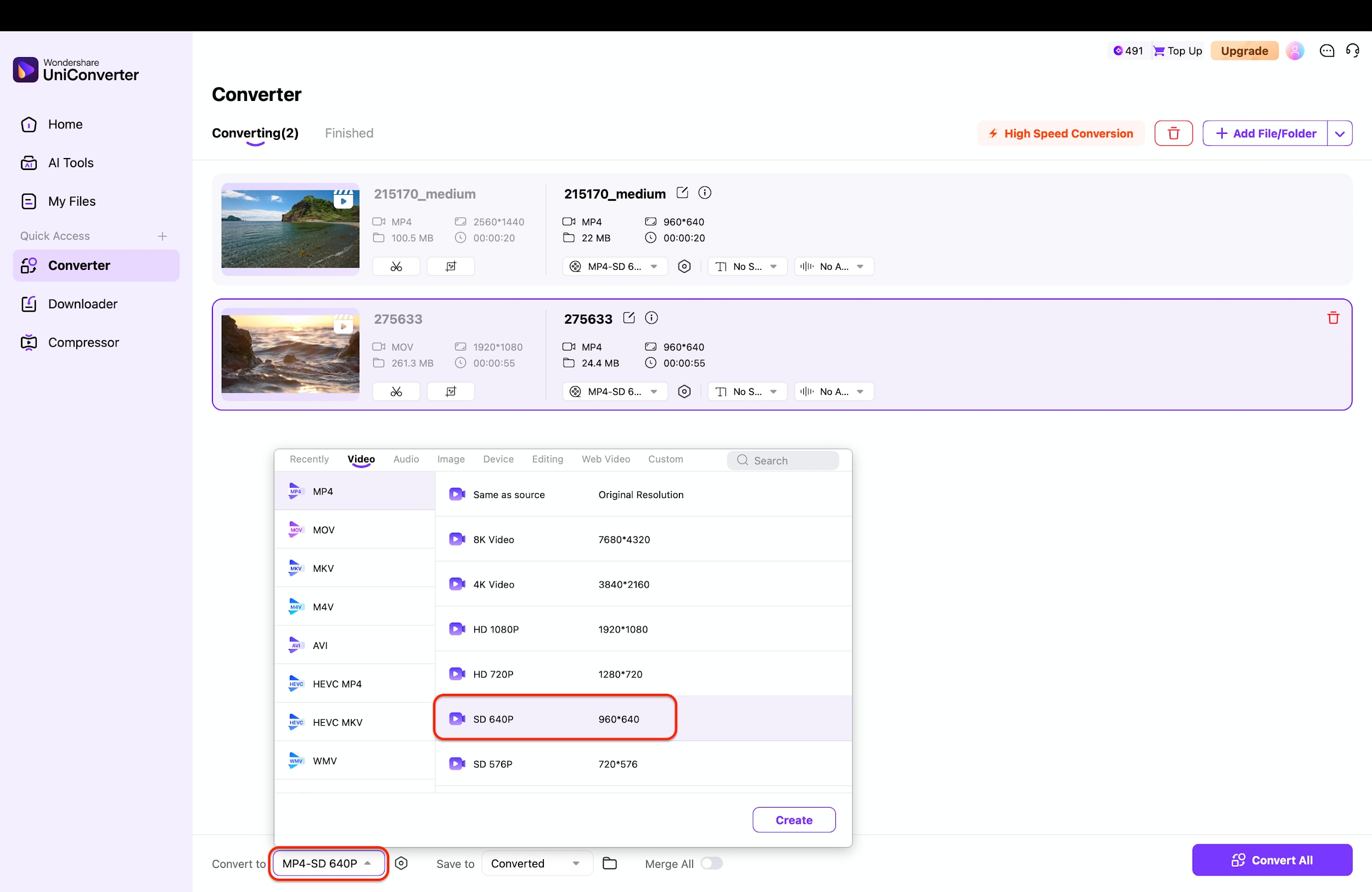 select sd resolution and mp4 output format