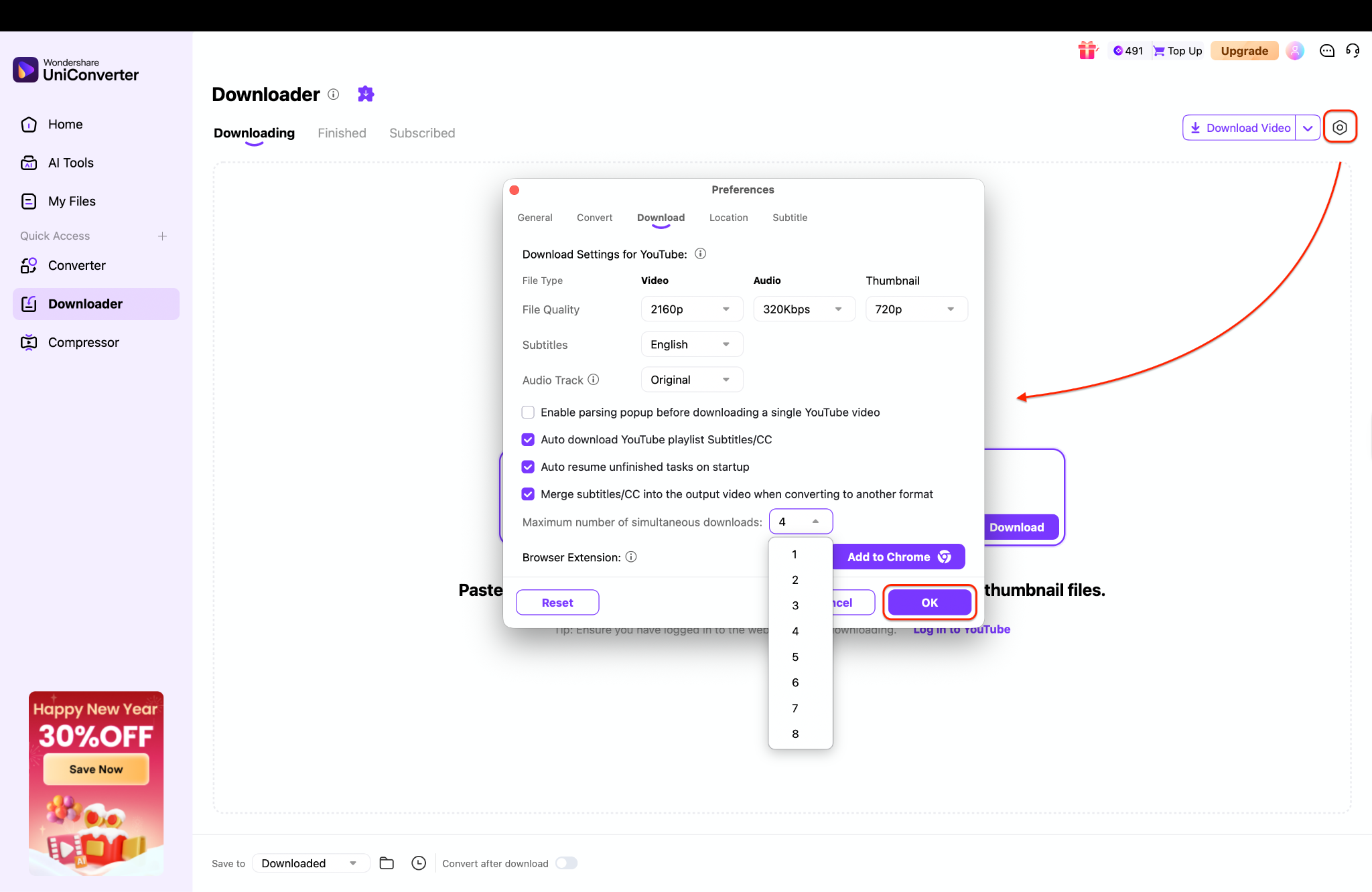 set up the download preferences