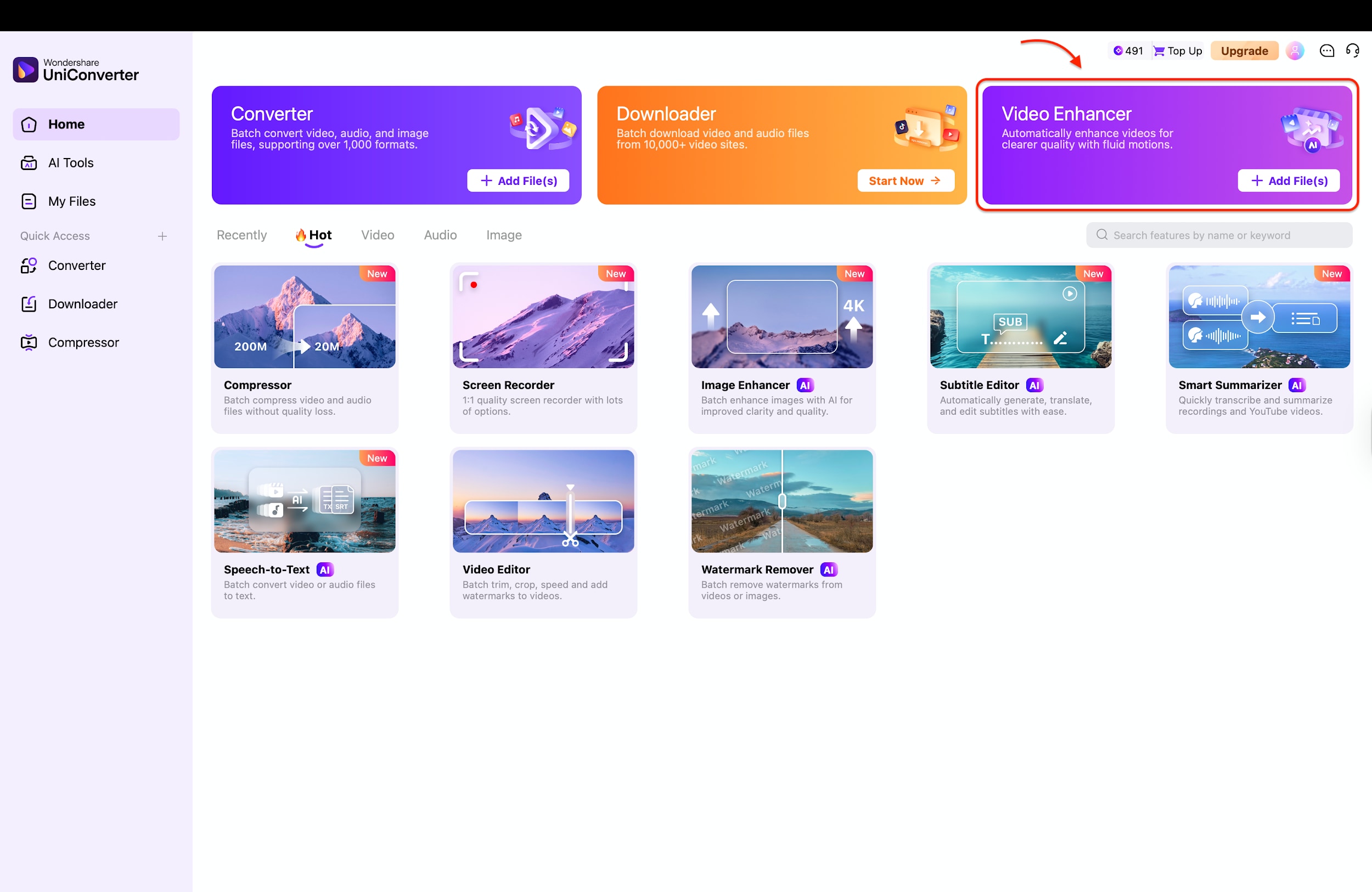 access ai video enhancer from uniconverter home