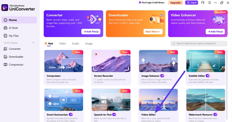 open uniconverter choose video editor