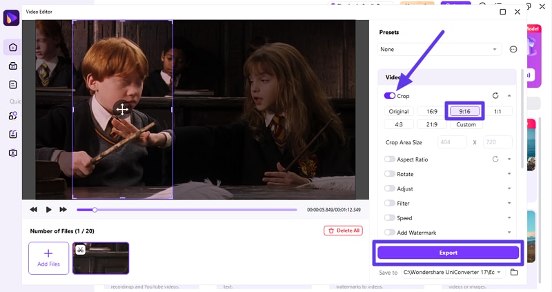 select cropping option press export