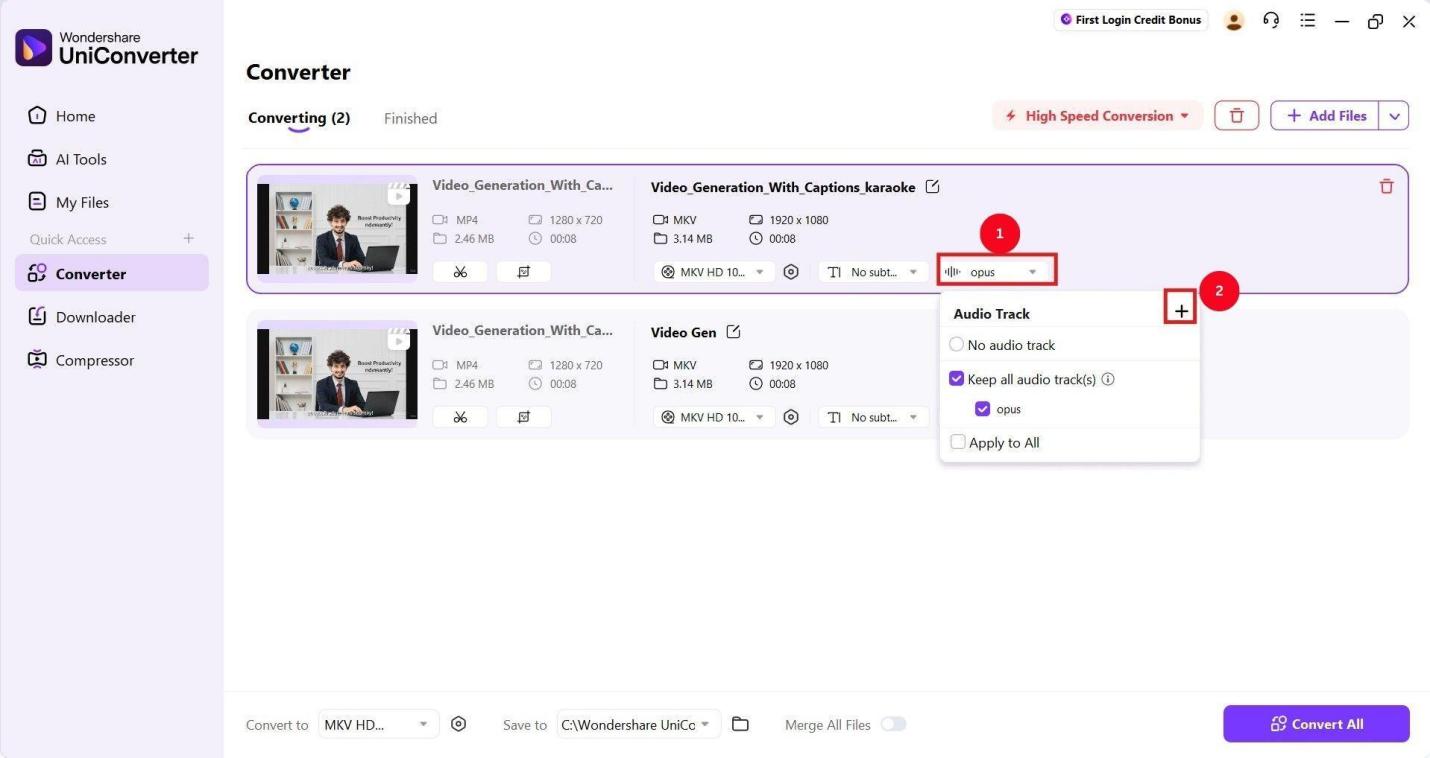 uniconverter add audio