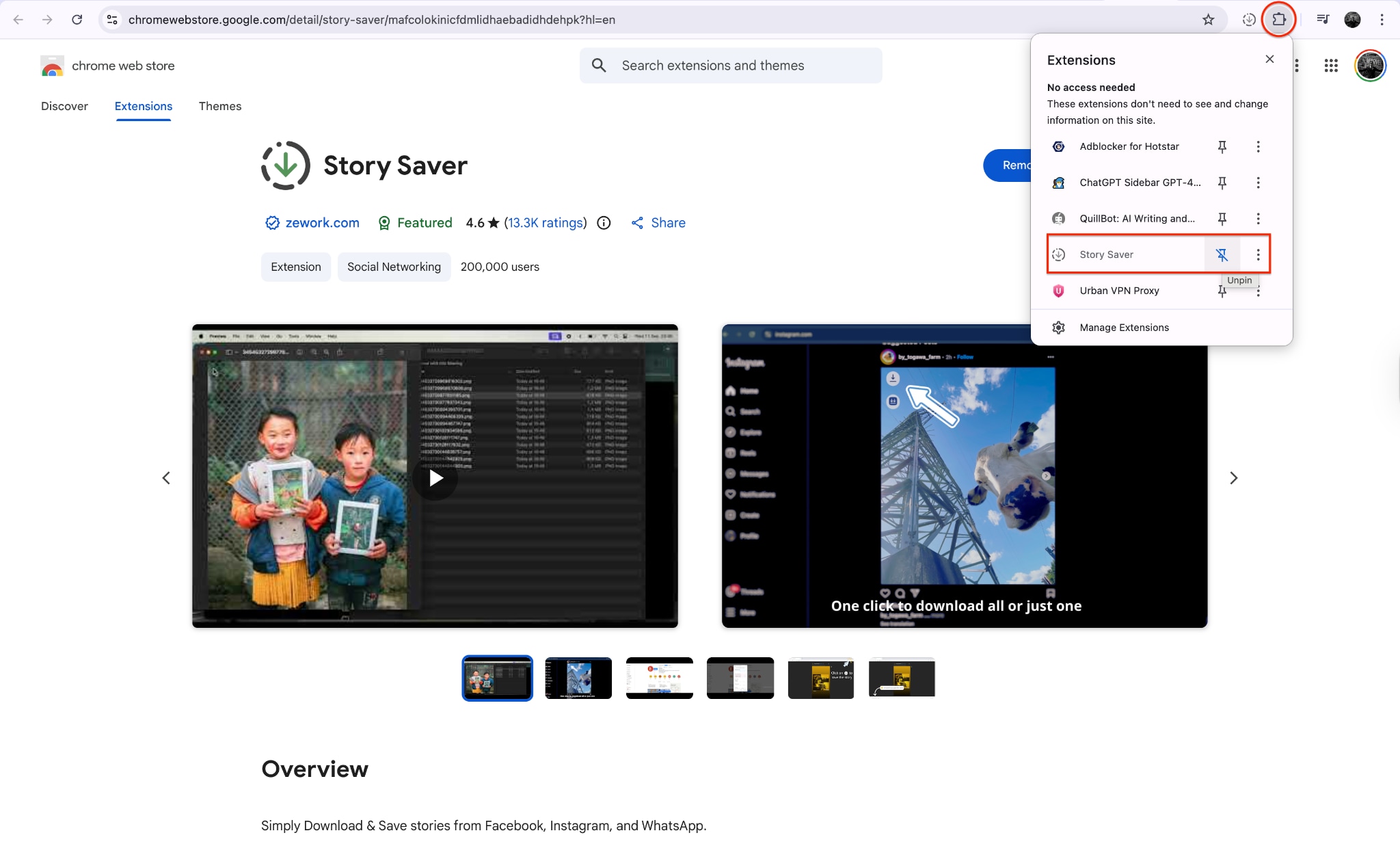 add story saver extension o the browser and pin it