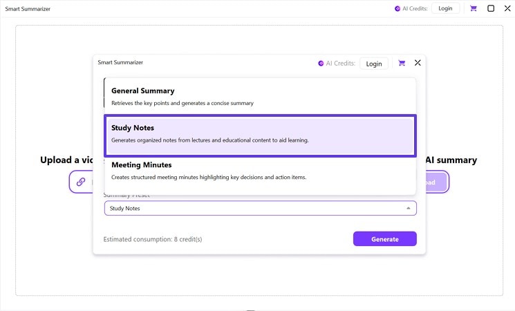 study notes as summary preset for lecture recording to notes