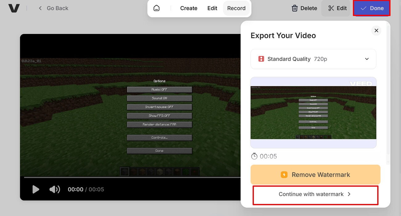 select continue with watermark button
