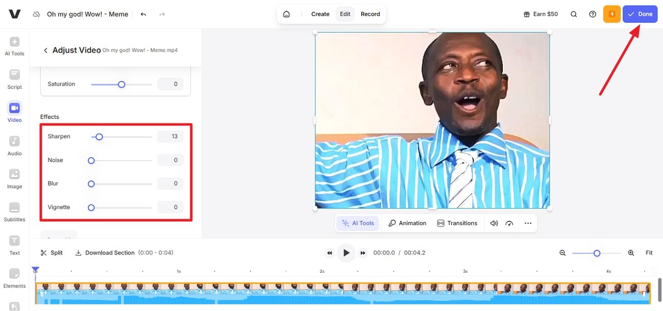 adjust sharpen and noise press done