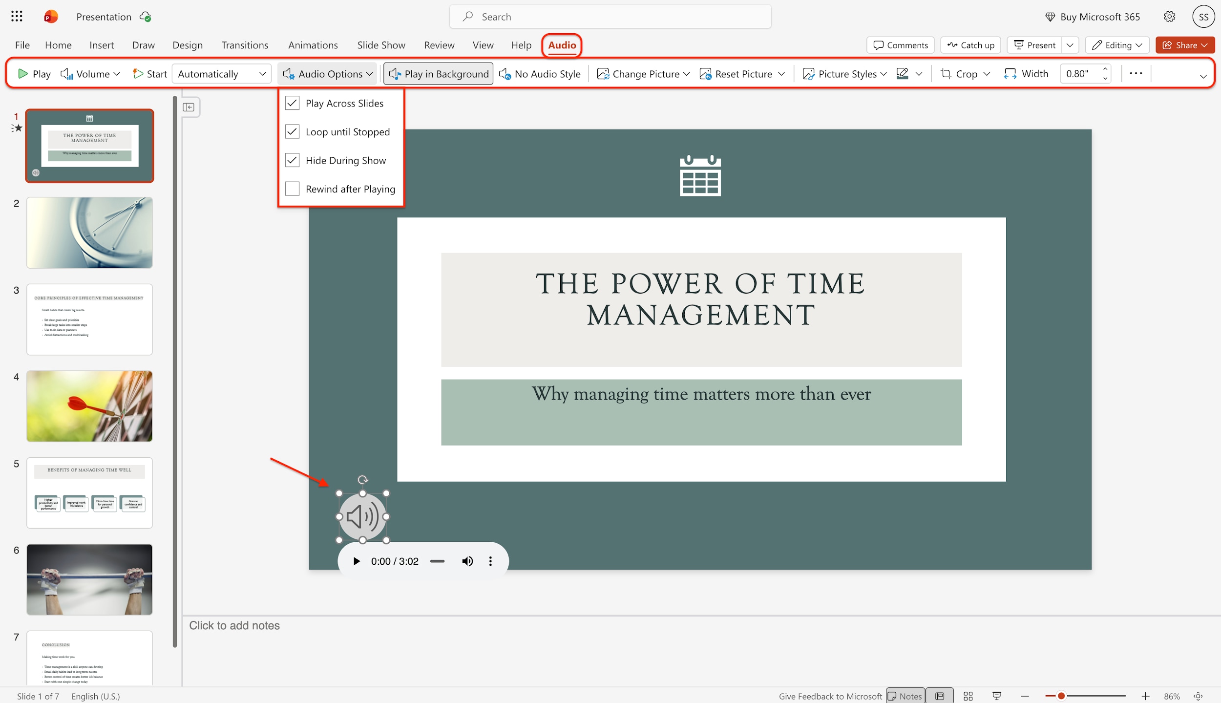 adjust audio playback settings in powerpoint
