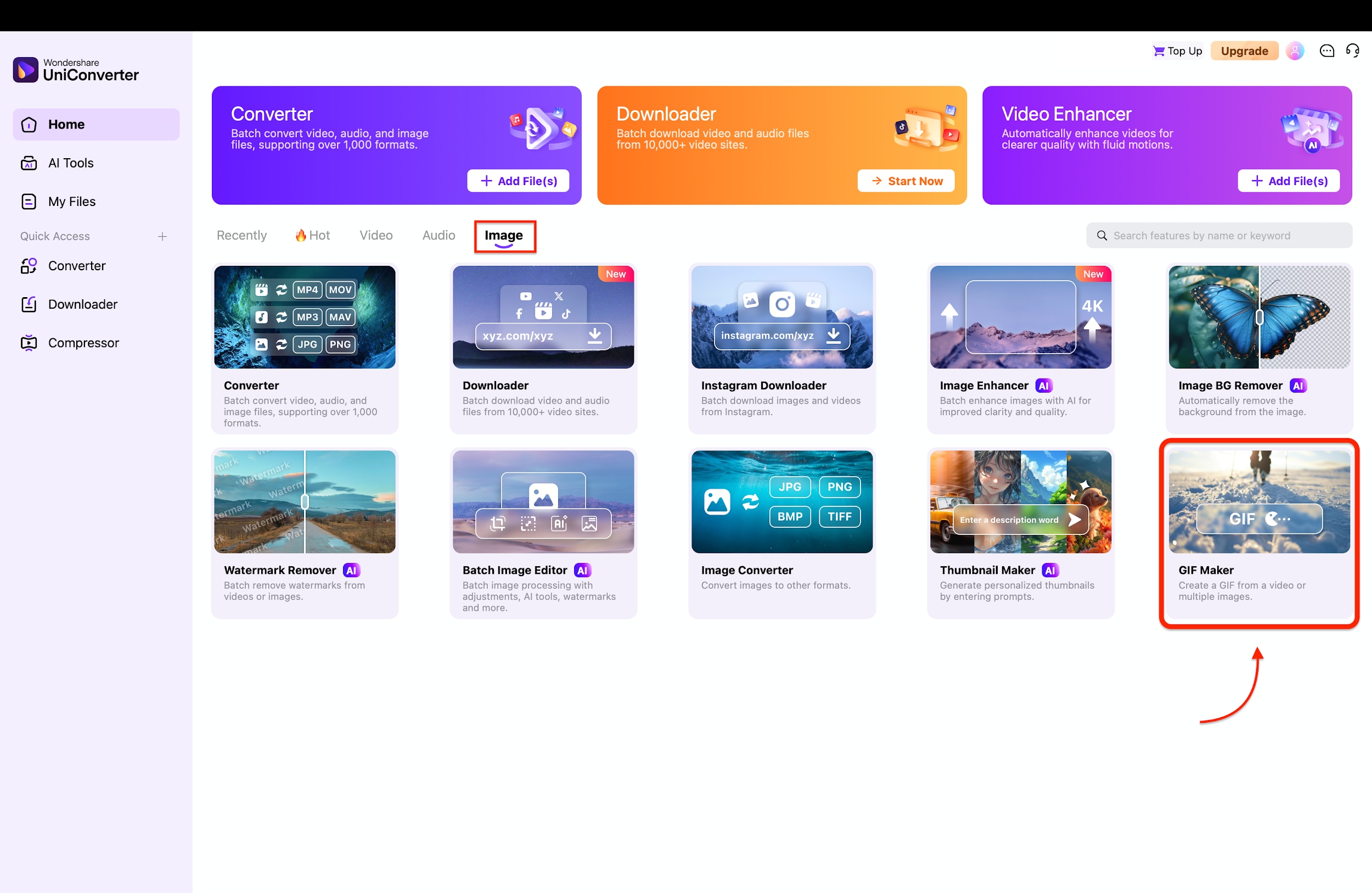 open uniconverter and access the gif maker tool