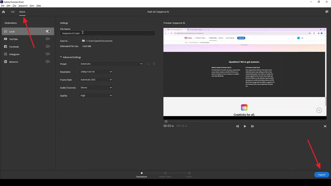 save the result adobe premiere rush