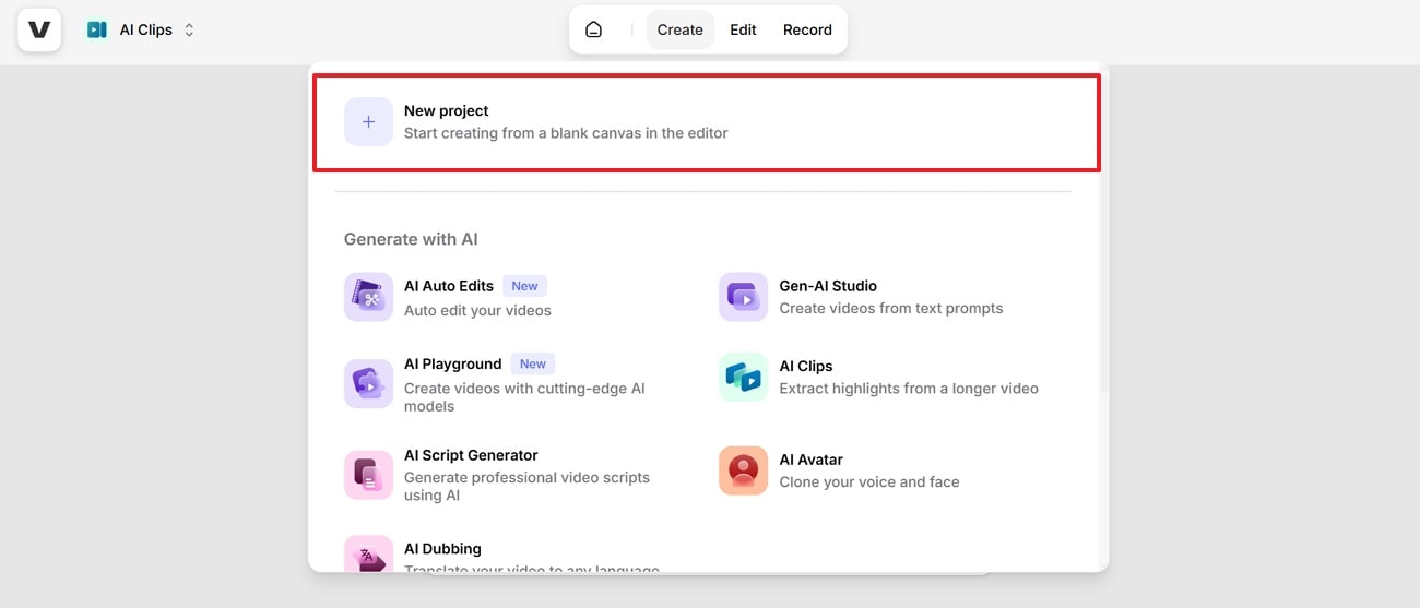 add new project in veed