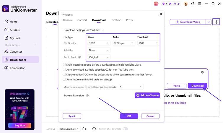set download preferences