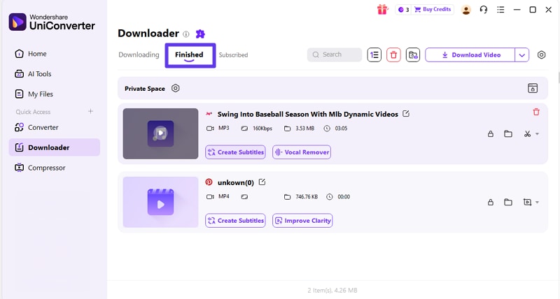 access video under finished tab