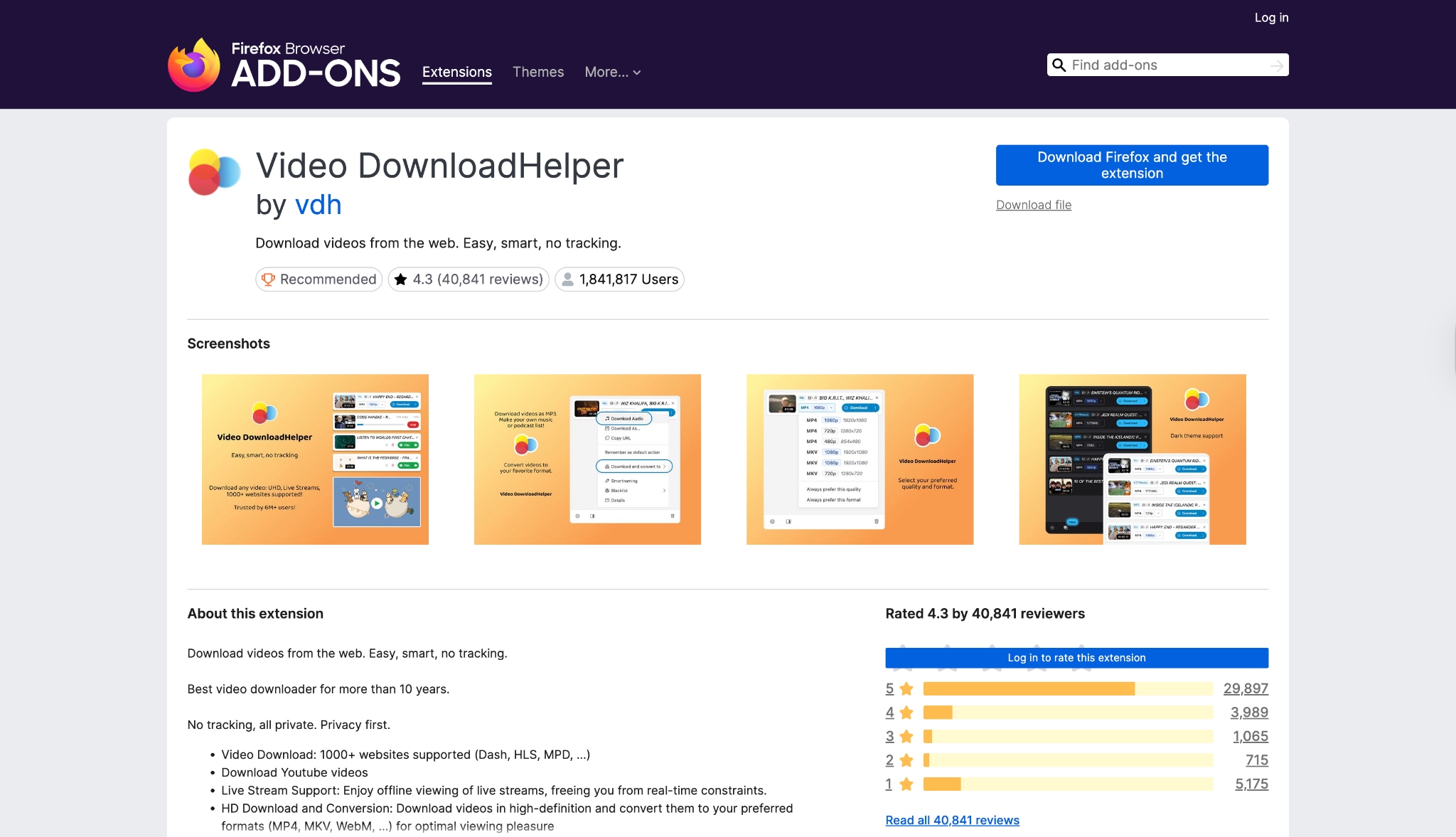 video downloadhelper firefox interface