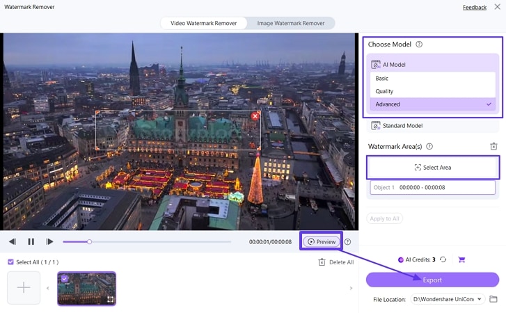 choose ai model uniconverter watermark