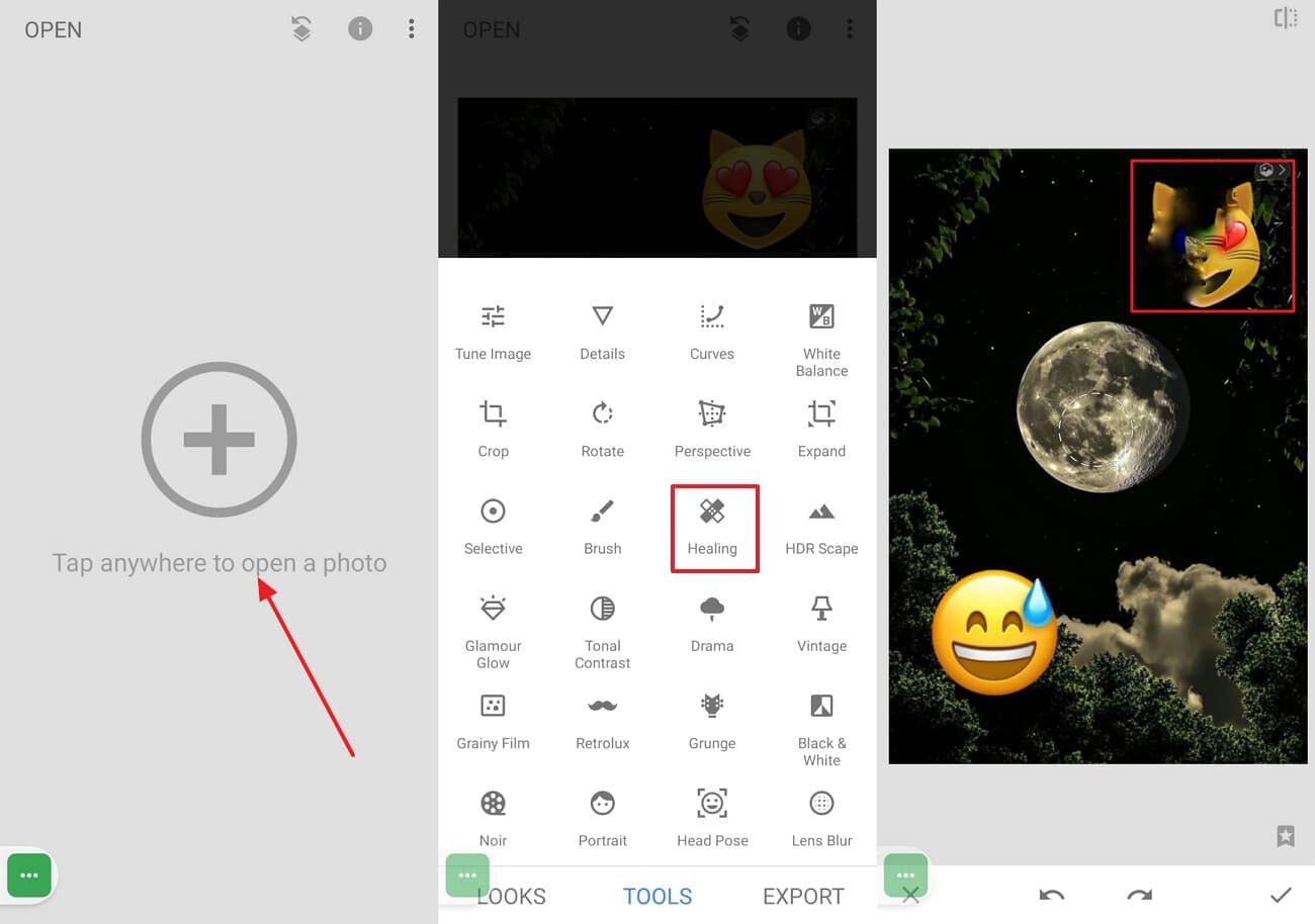 use healing option in snapseed