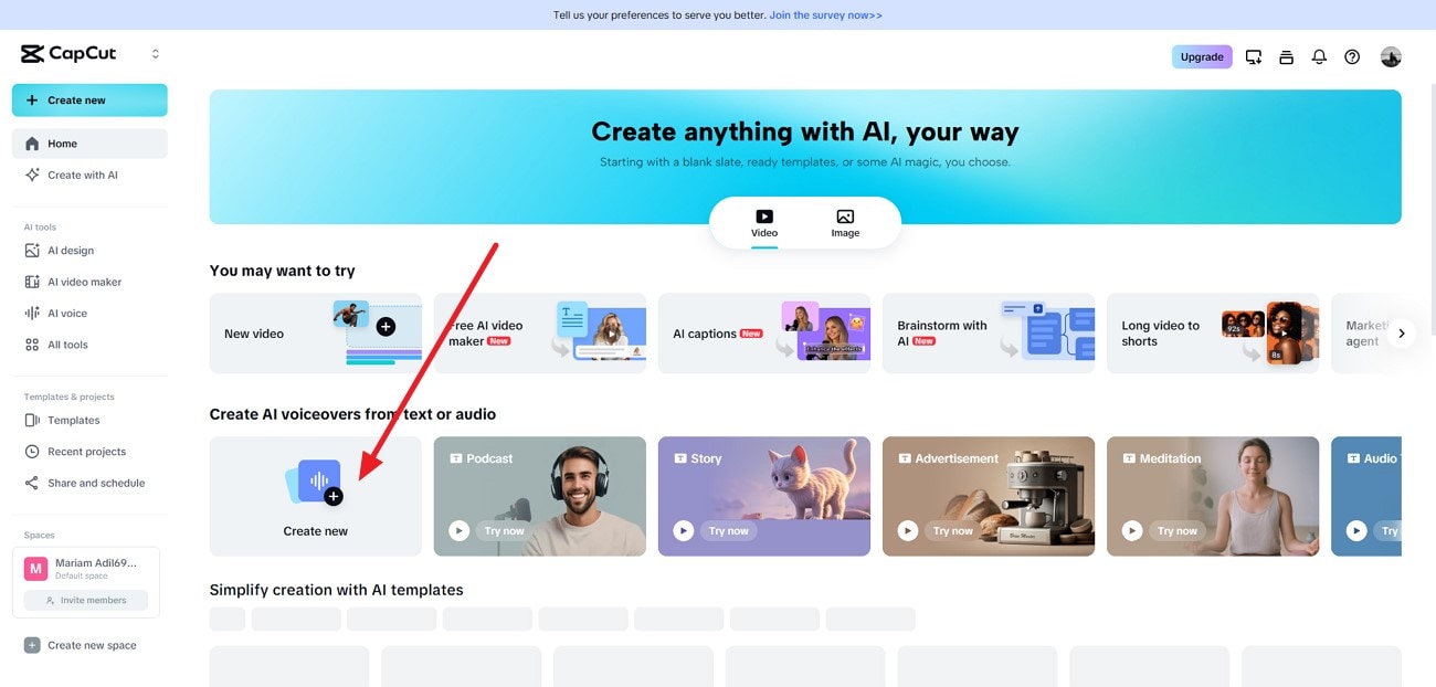 click to upload video capcut