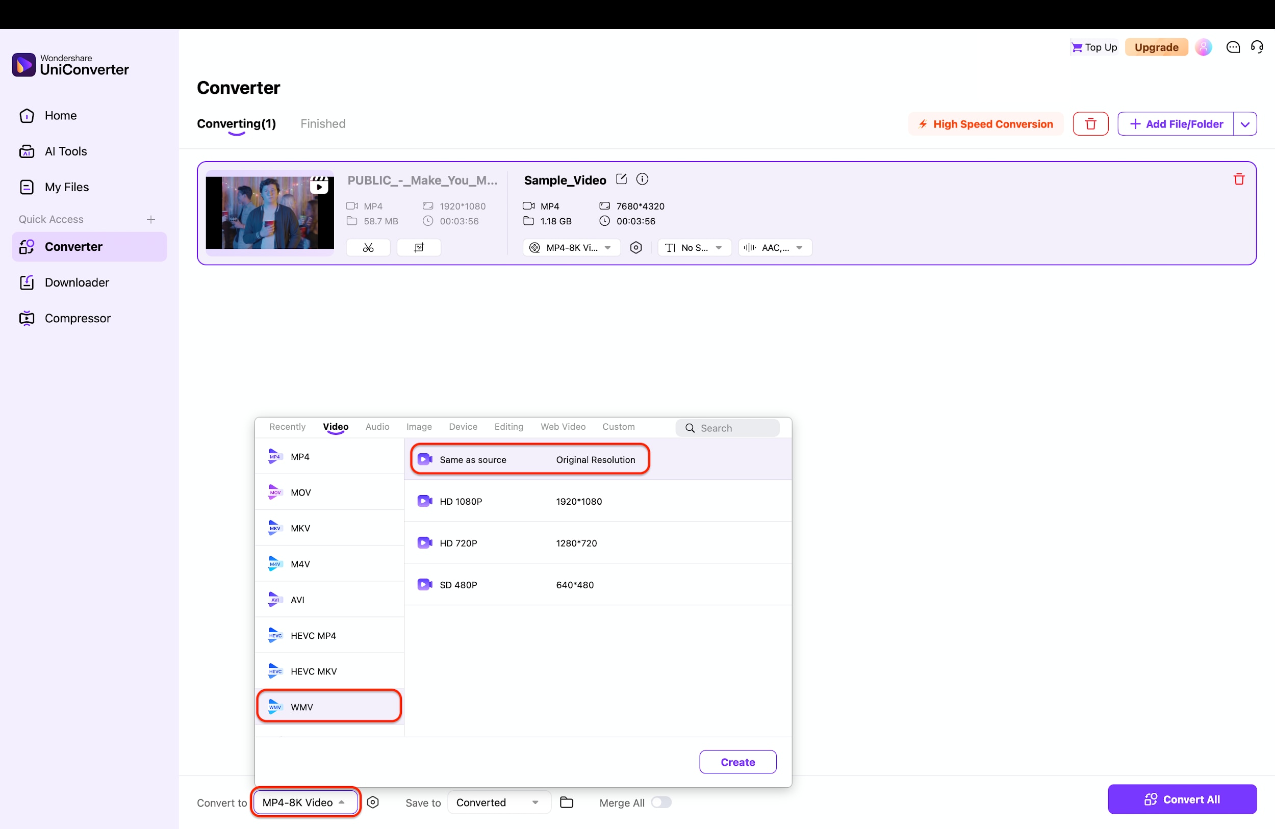 set wmv as output format for video file