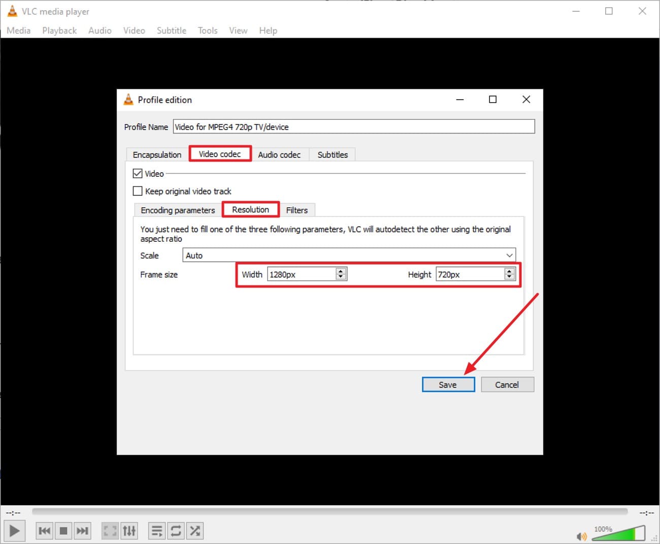 change video resolution press save