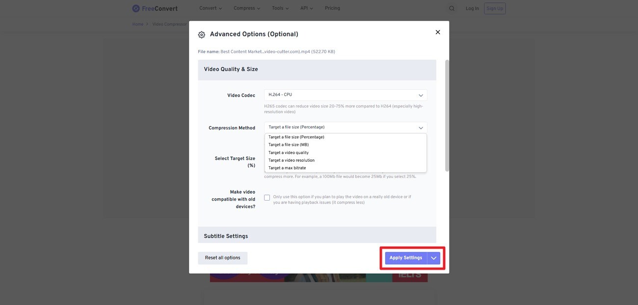 select compression method and save