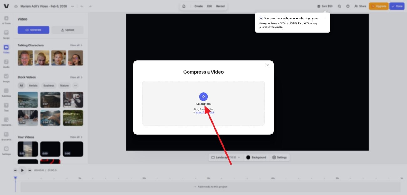 press upload files veed