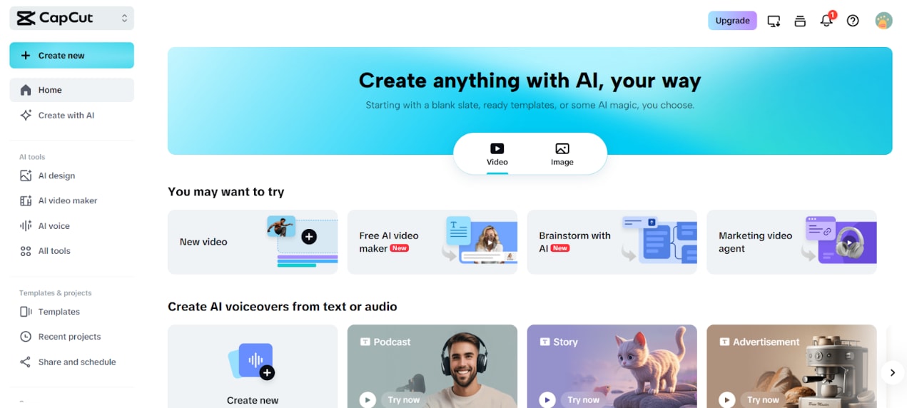 page d’accueil de CapCut