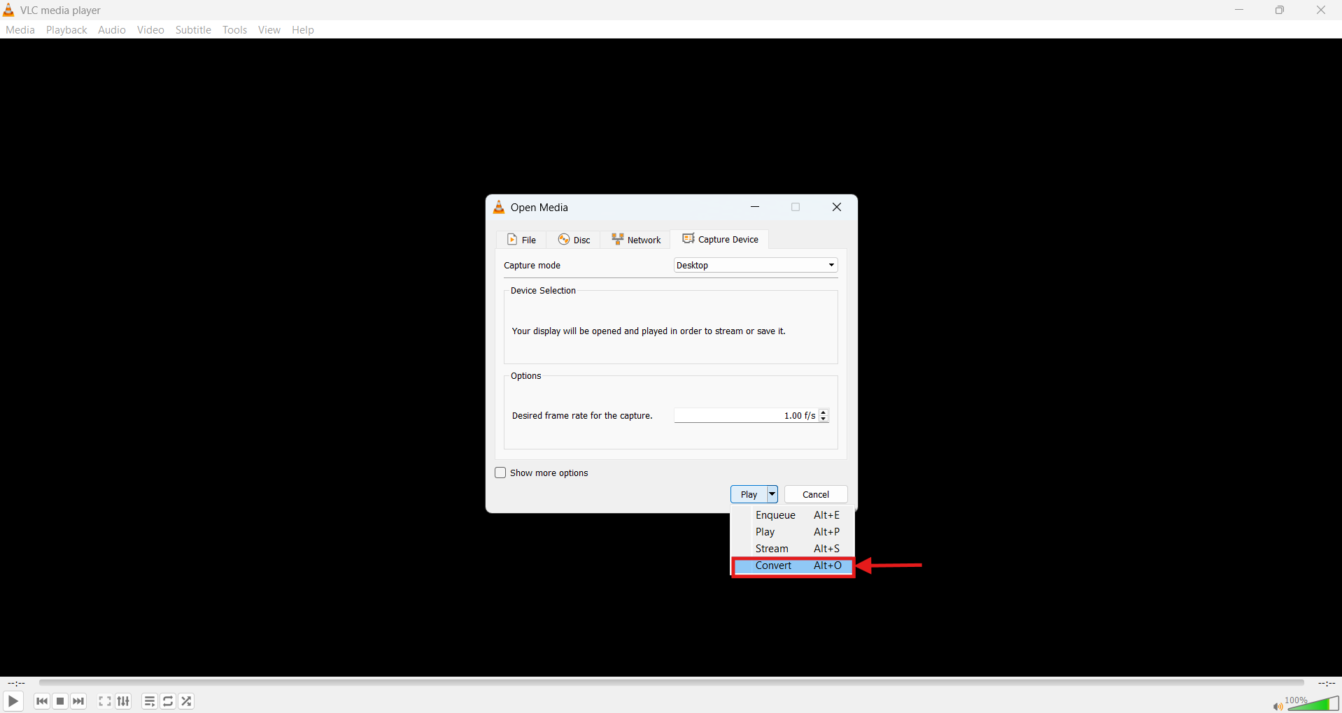 vlc access convert option