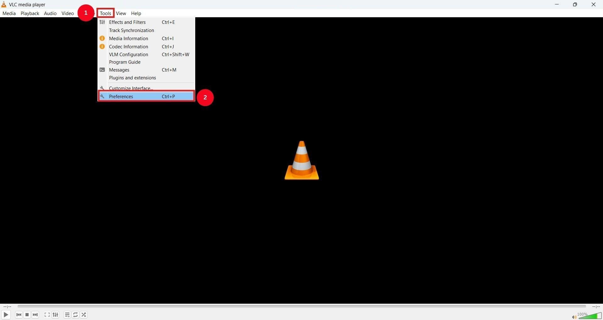 vlc access tools menu