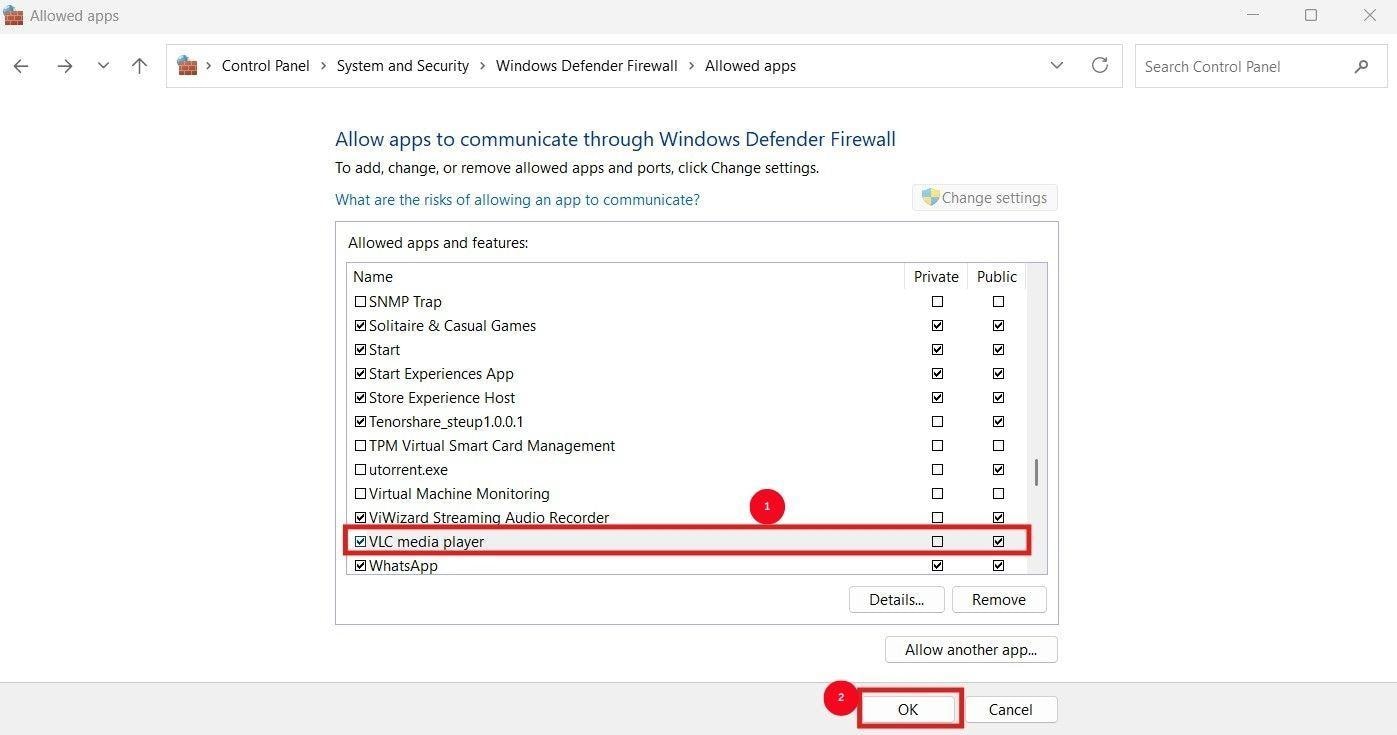 vlc disallow windows defender firewall
