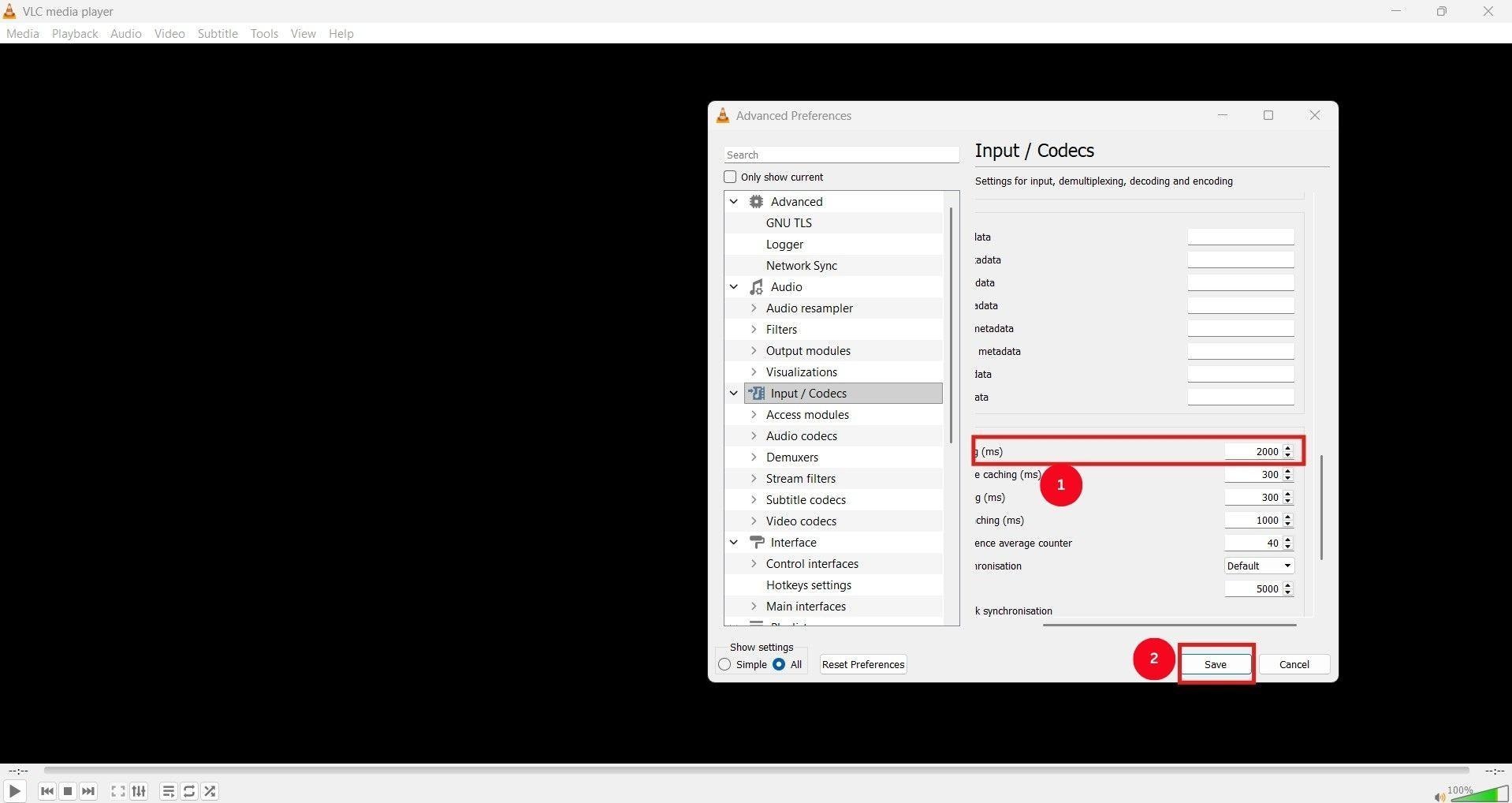 vlc save file caching value
