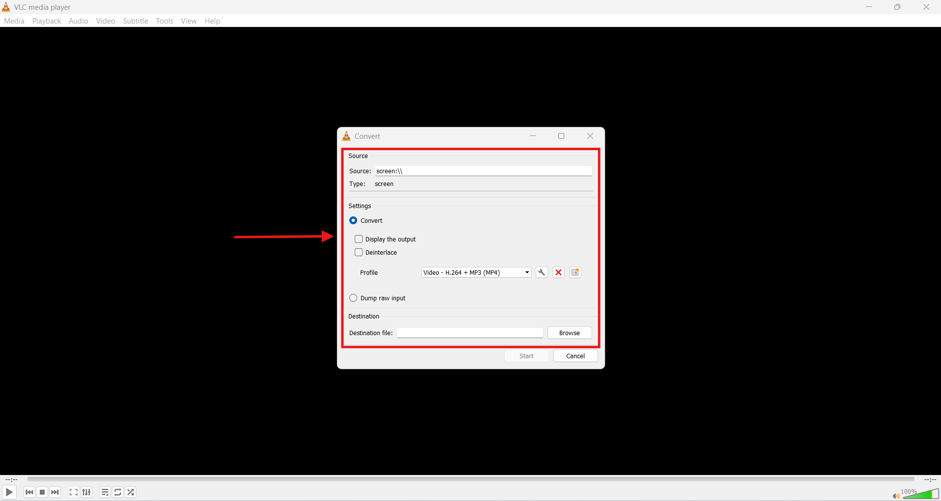 vlc set screen recording details
