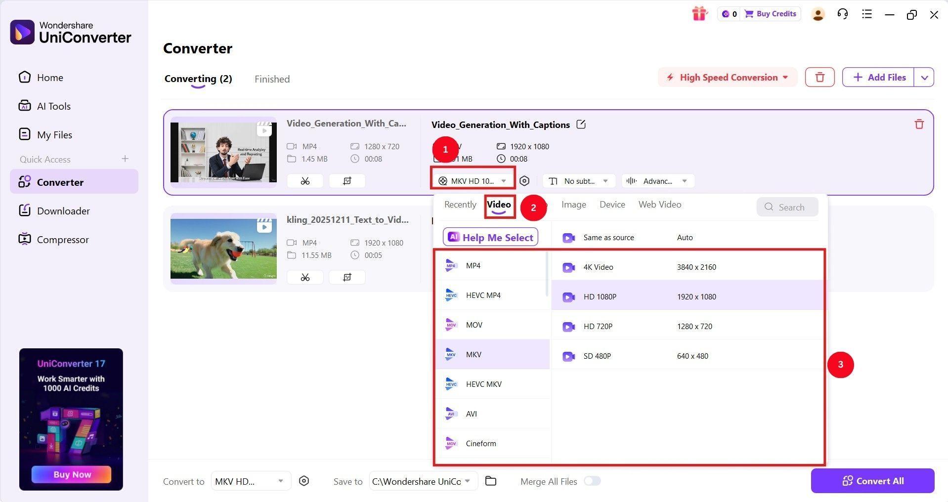 wondershare uniconverter select video quality