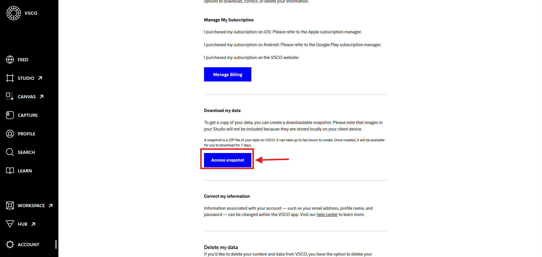 vsco click access snapshot