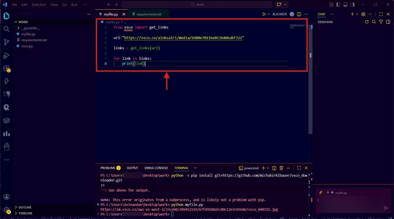 vsco downloader write python command