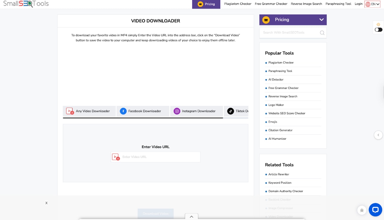 smallseotools video downloader homepage