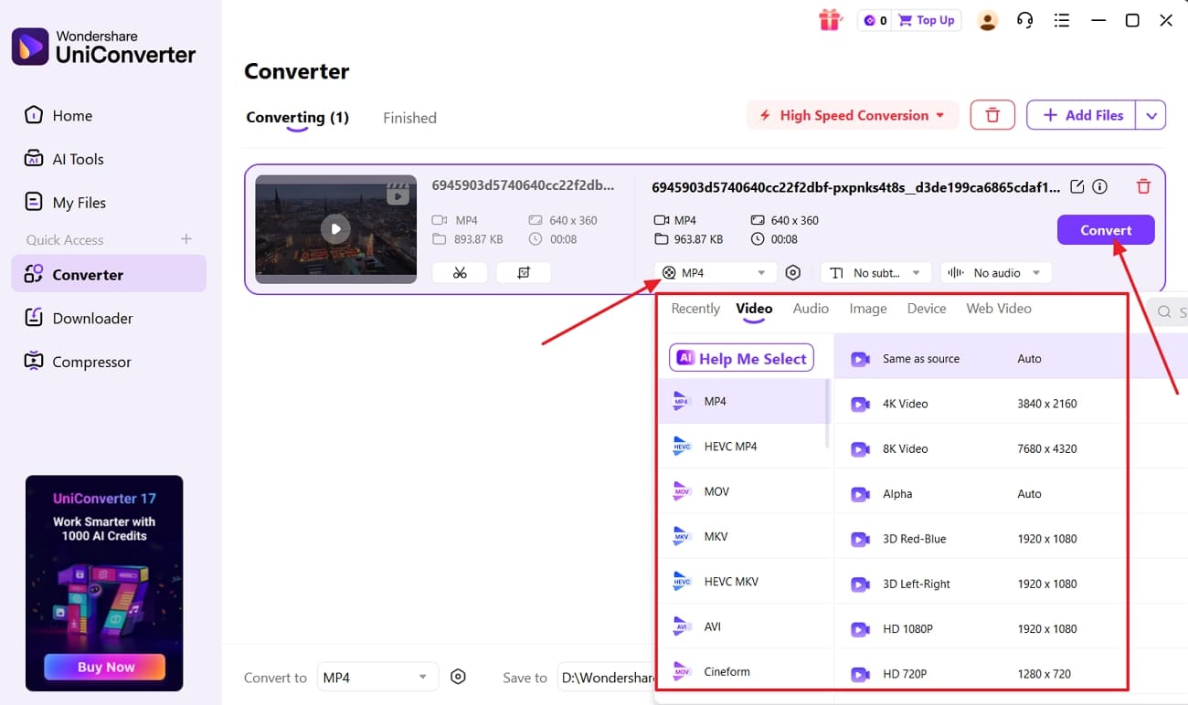 select output format start convert process
