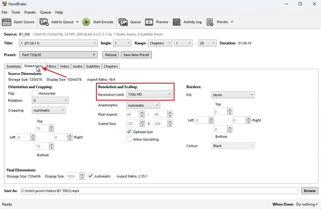 select encoding video dimensions