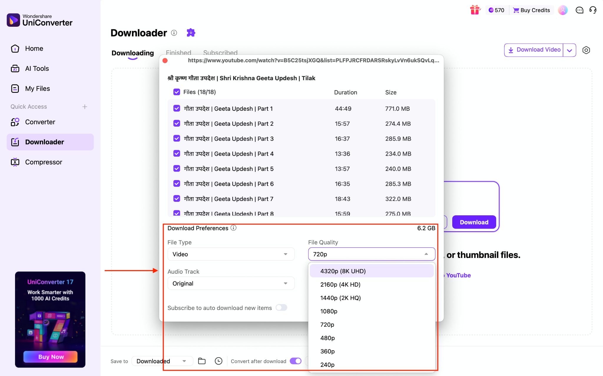 wondershare uniconverter choose video quality