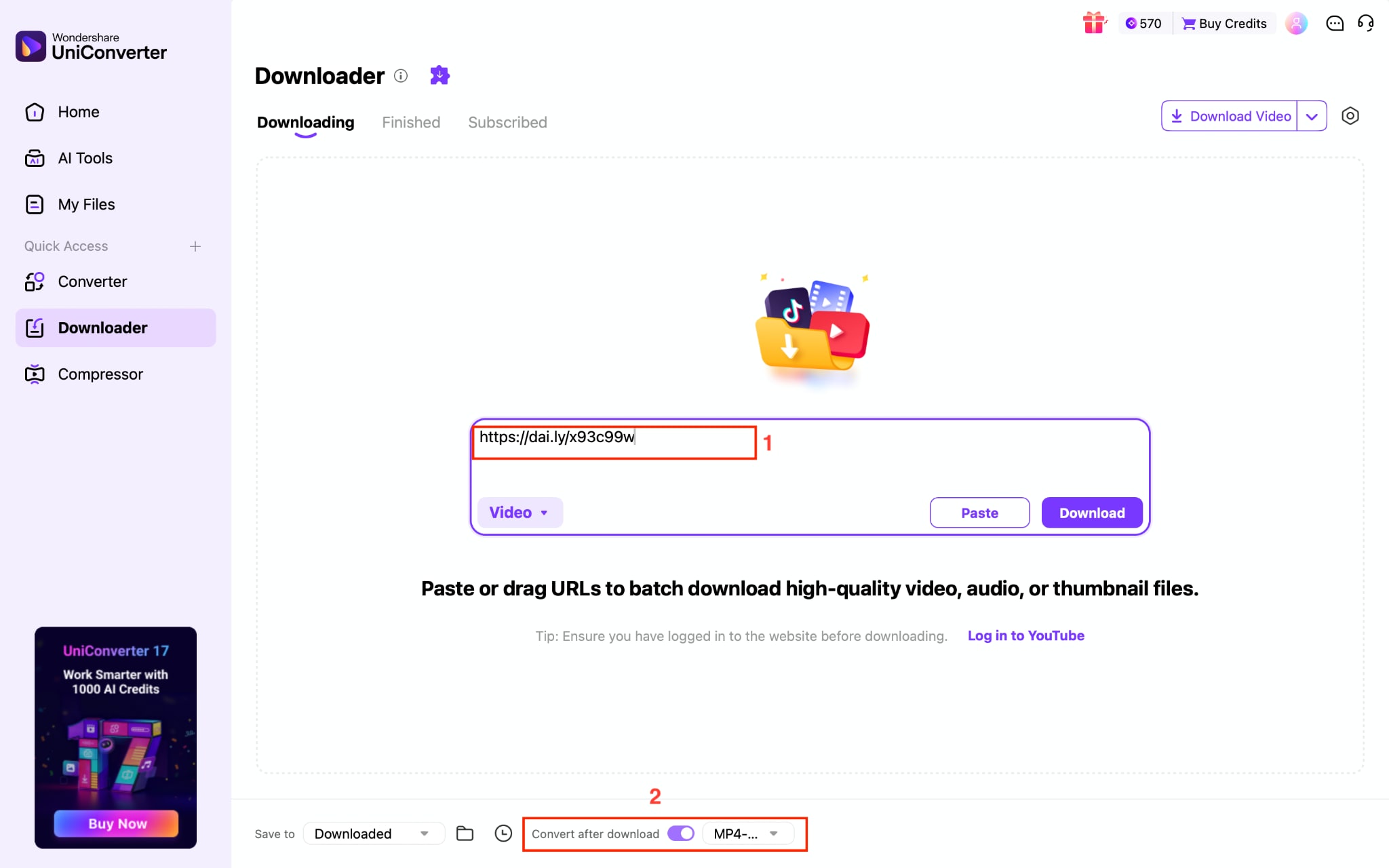wondershare uniconverter paste dailymotion link