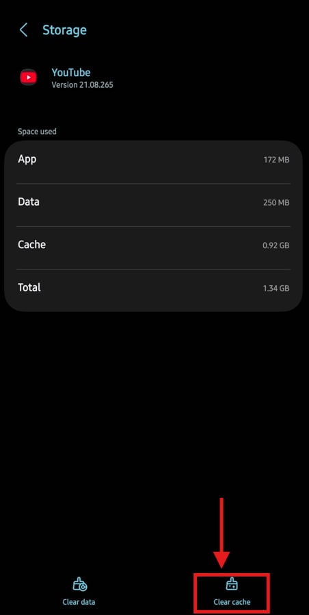 android clear cache youtube app