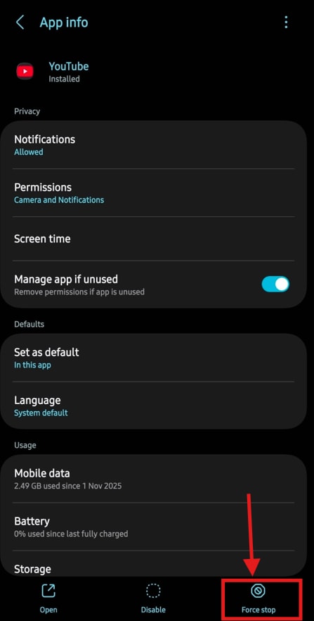 android force stop youtube app