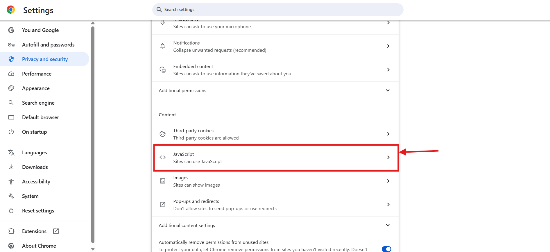 google chrome access javascript option
