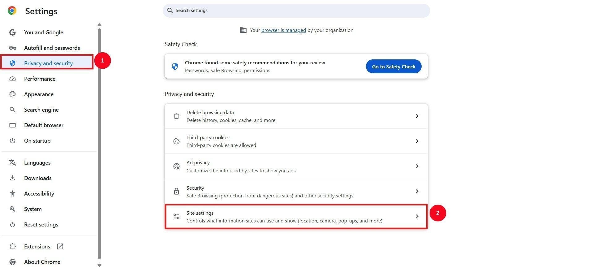 google chrome access privacy and security settings