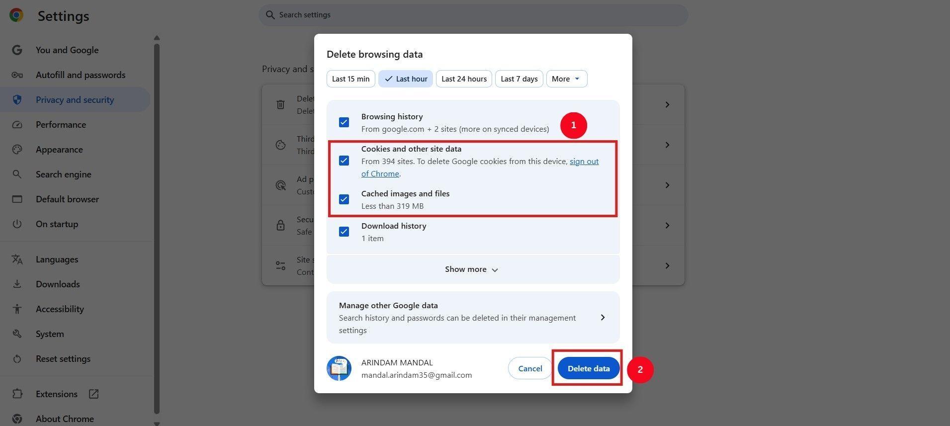 google chrome clear cookies and cache