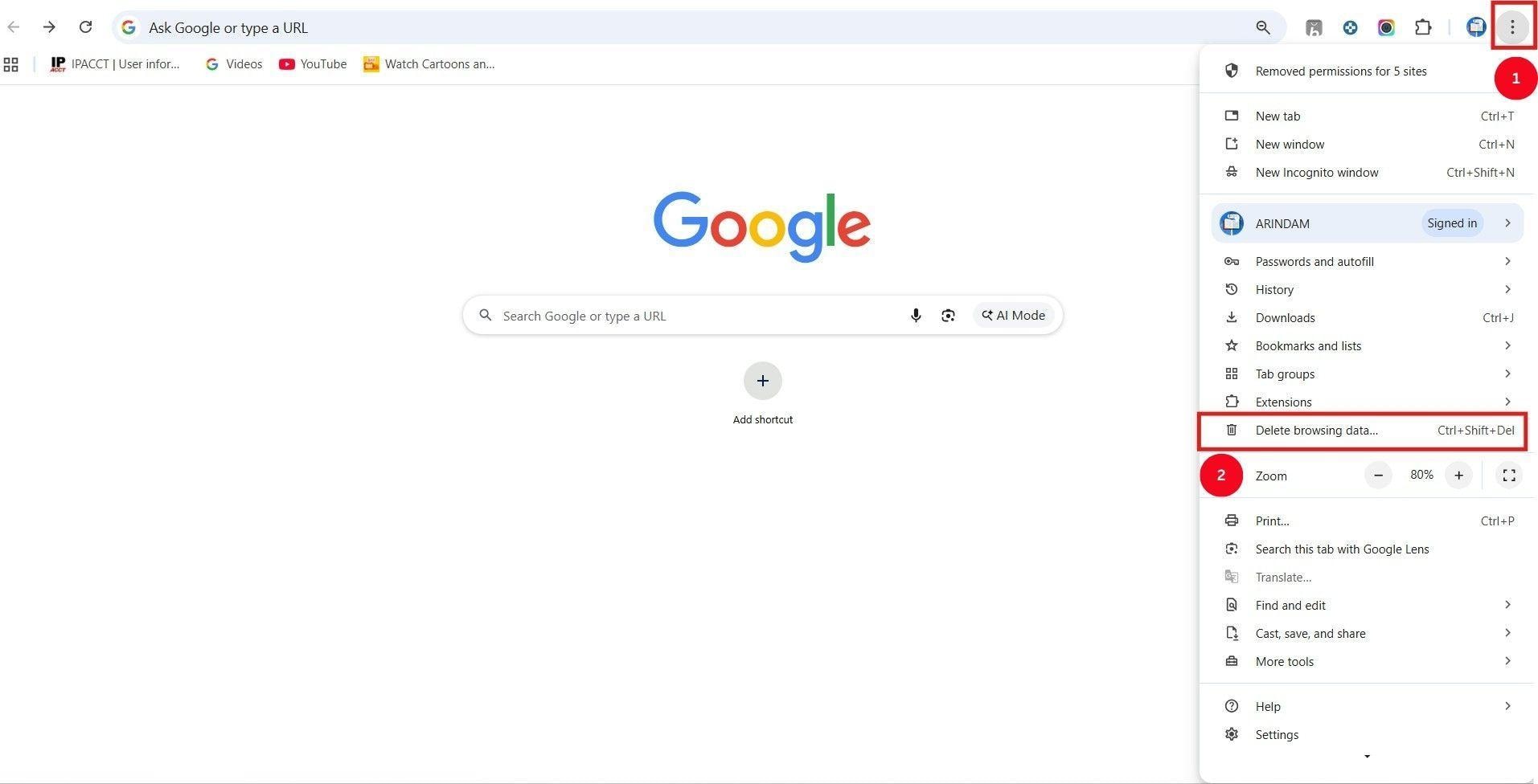 google chrome select delete browsing data