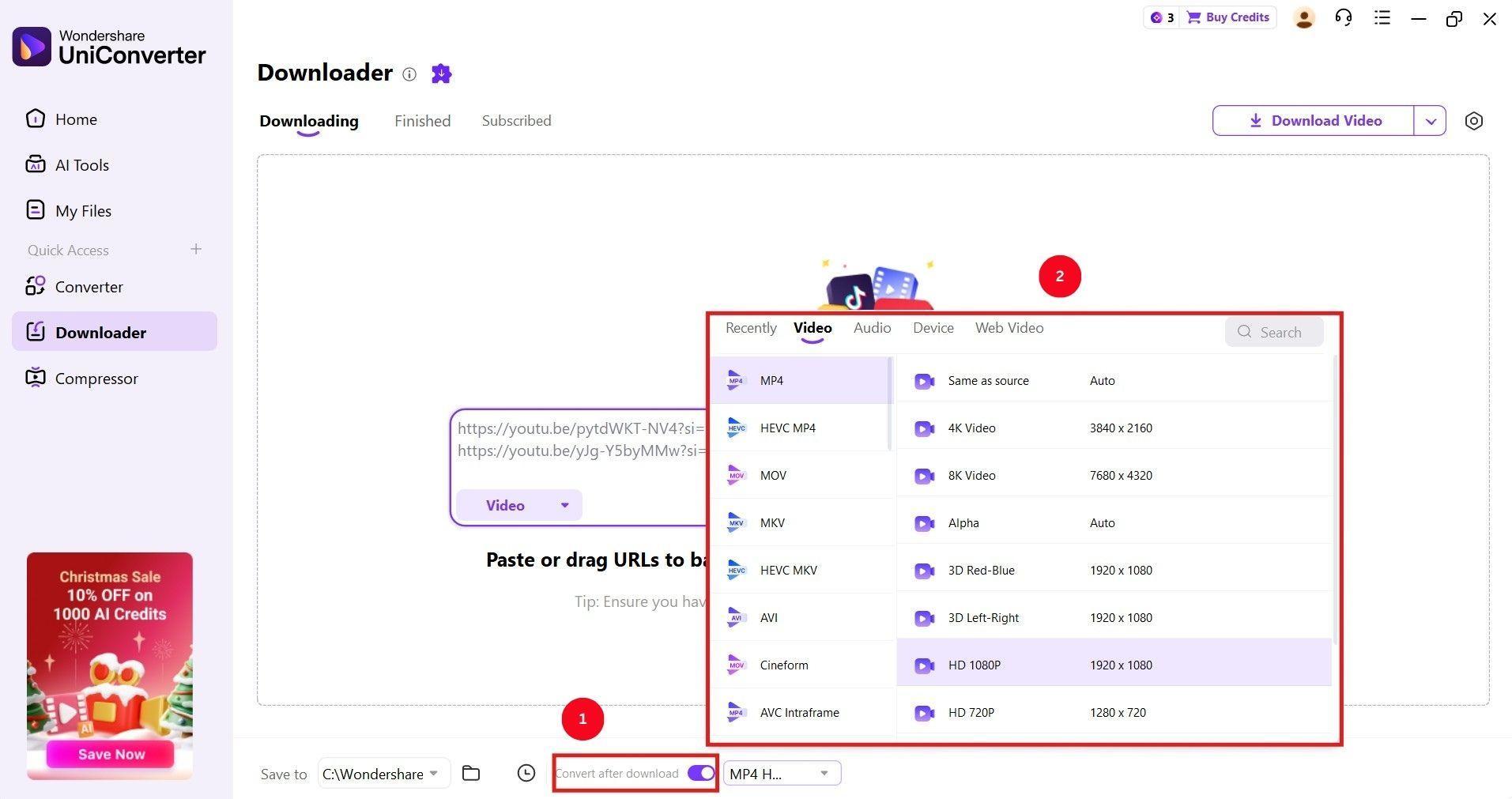 wondershare uniconverter select formats