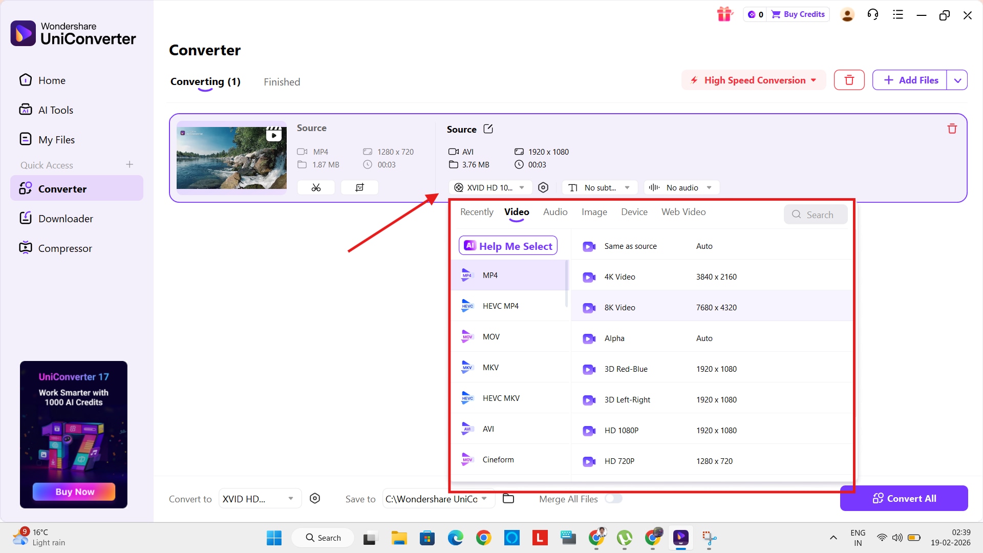 wondershare uniconverter choose video format