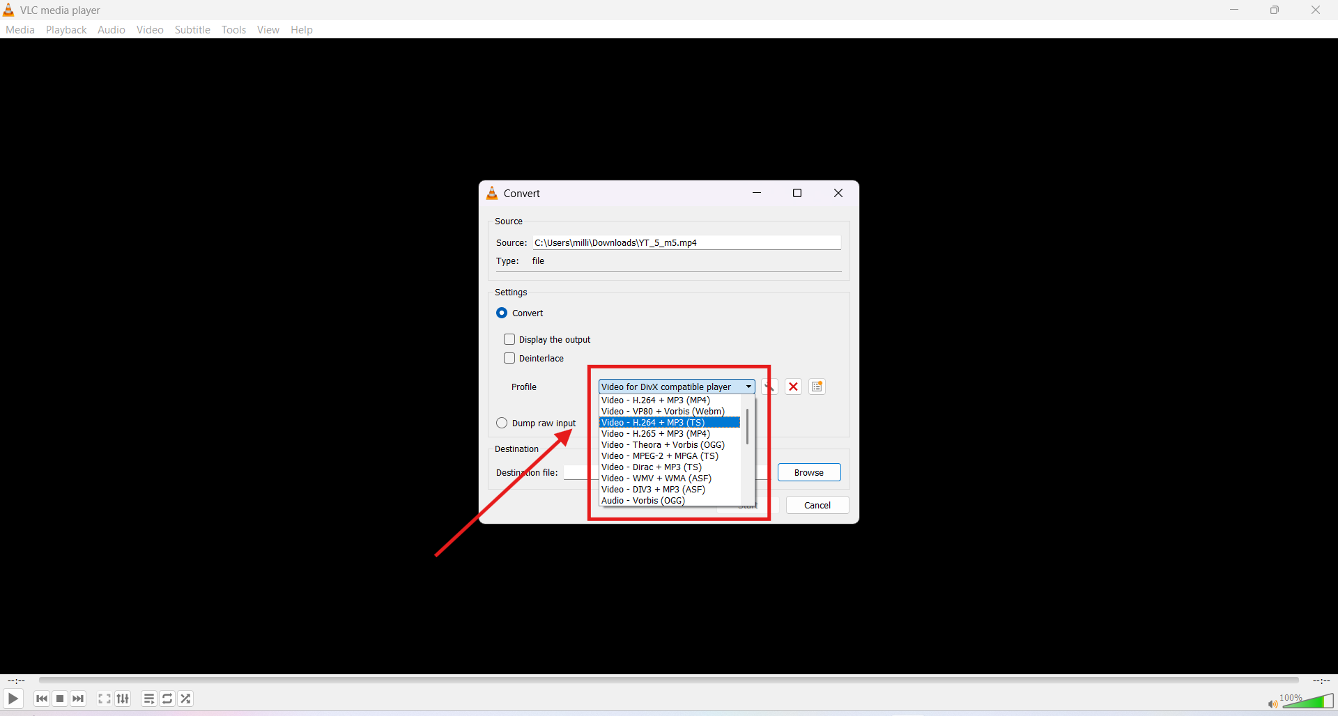 vlc media player choose codec format