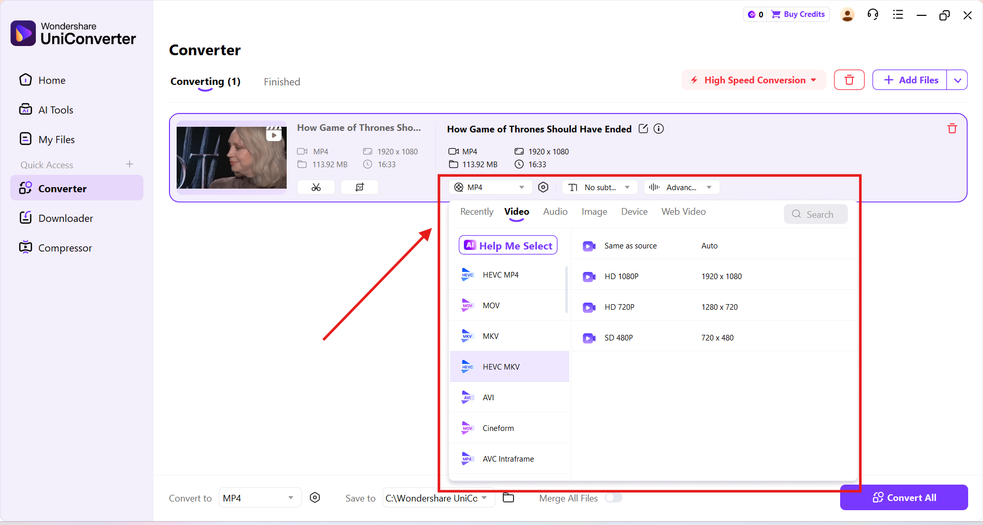 wondershare uniconverter choose format