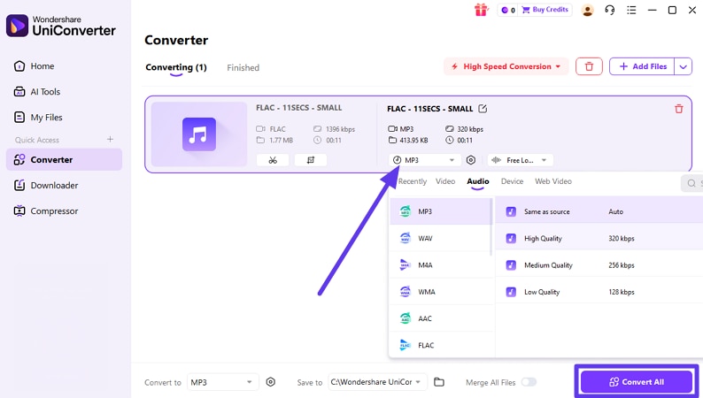 choose mp3 format and convert