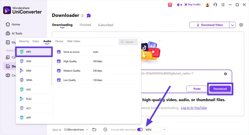 save press download after choosing format